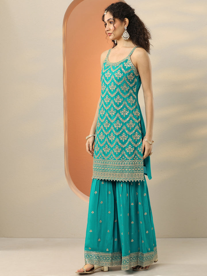 Libas Art Blue Embroidered Chinon Straight Suit Set With Dupatta