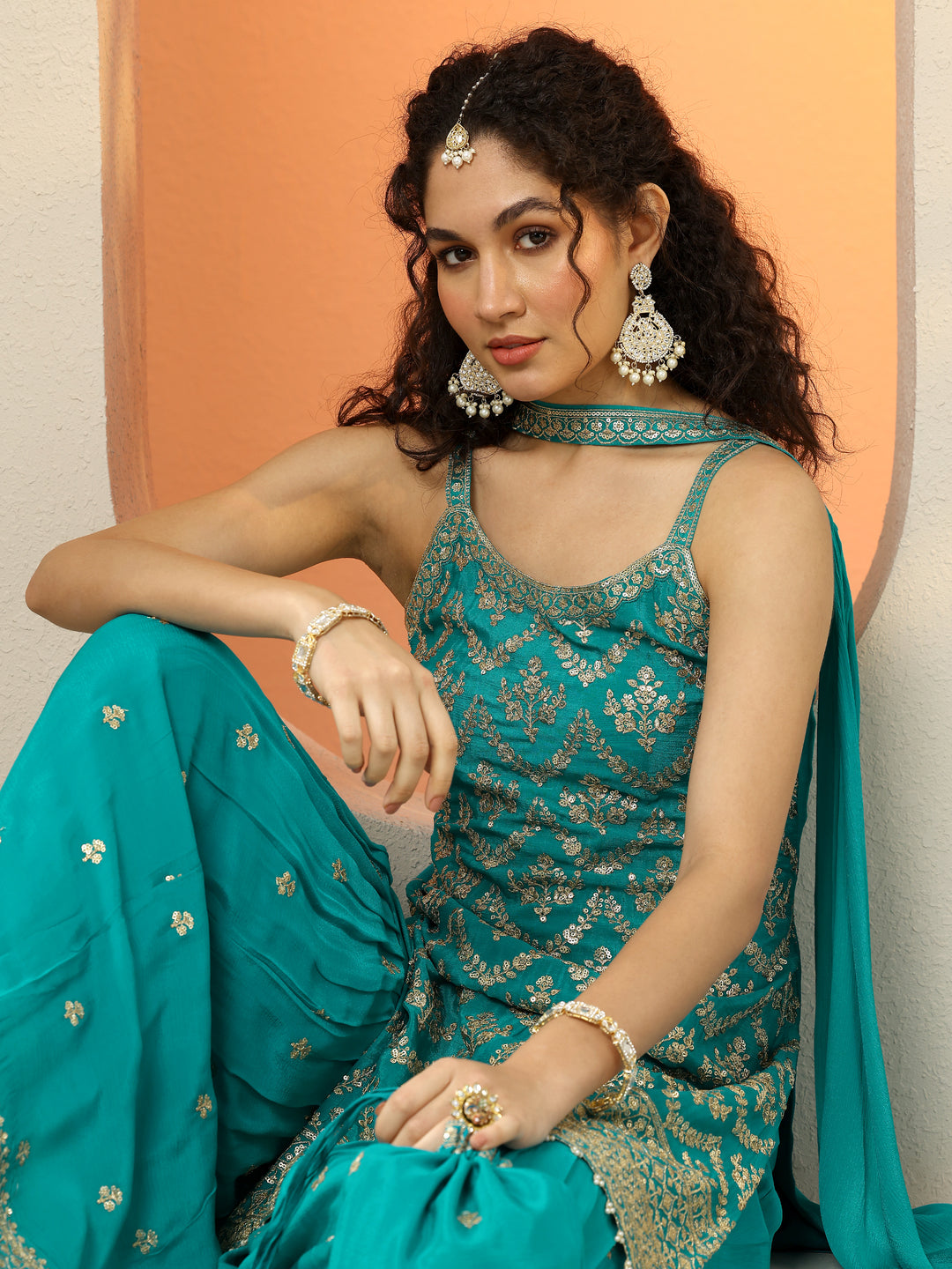 Libas Art Blue Embroidered Chinon Straight Suit Set With Dupatta