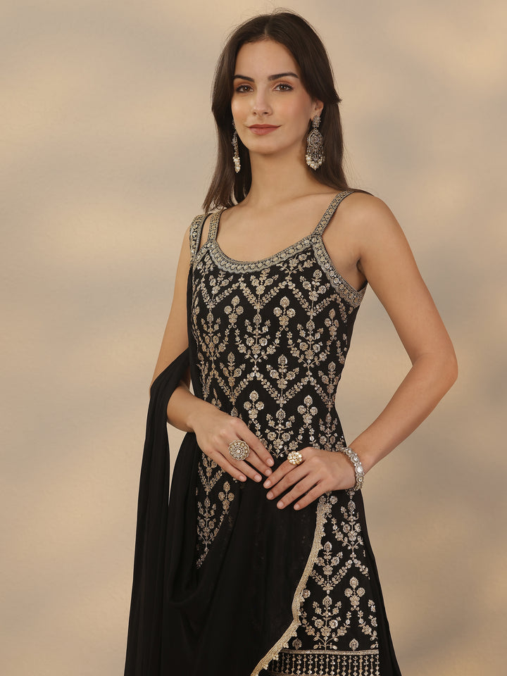 Libas Art Black Embroidered Chinon Straight Suit Set With Dupatta