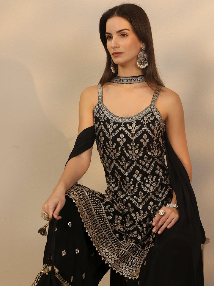 Libas Art Black Embroidered Chinon Straight Suit Set With Dupatta