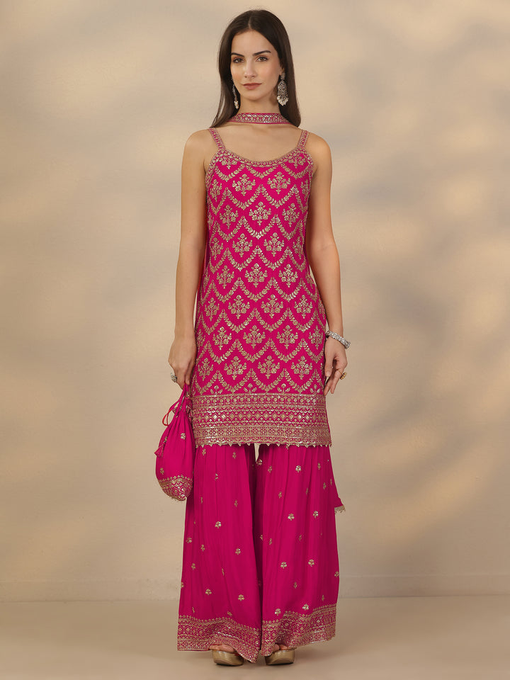 Libas Art Pink Embroidered Chinon Straight Suit Set With Dupatta