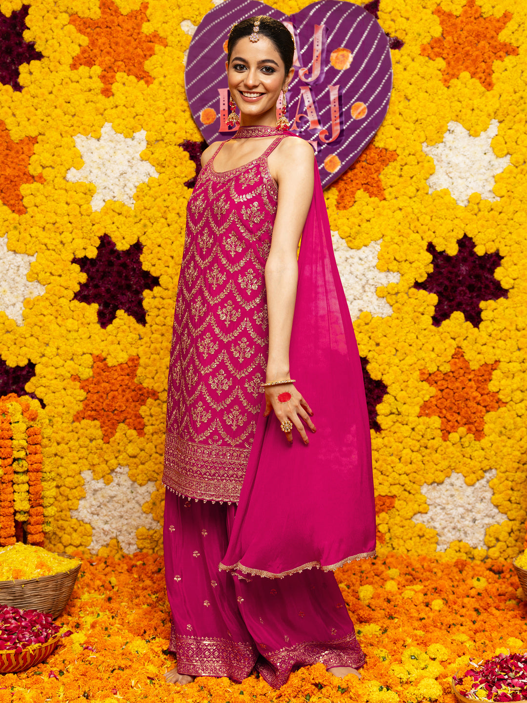 Libas Art Pink Embroidered Chinon Straight Suit Set With Dupatta