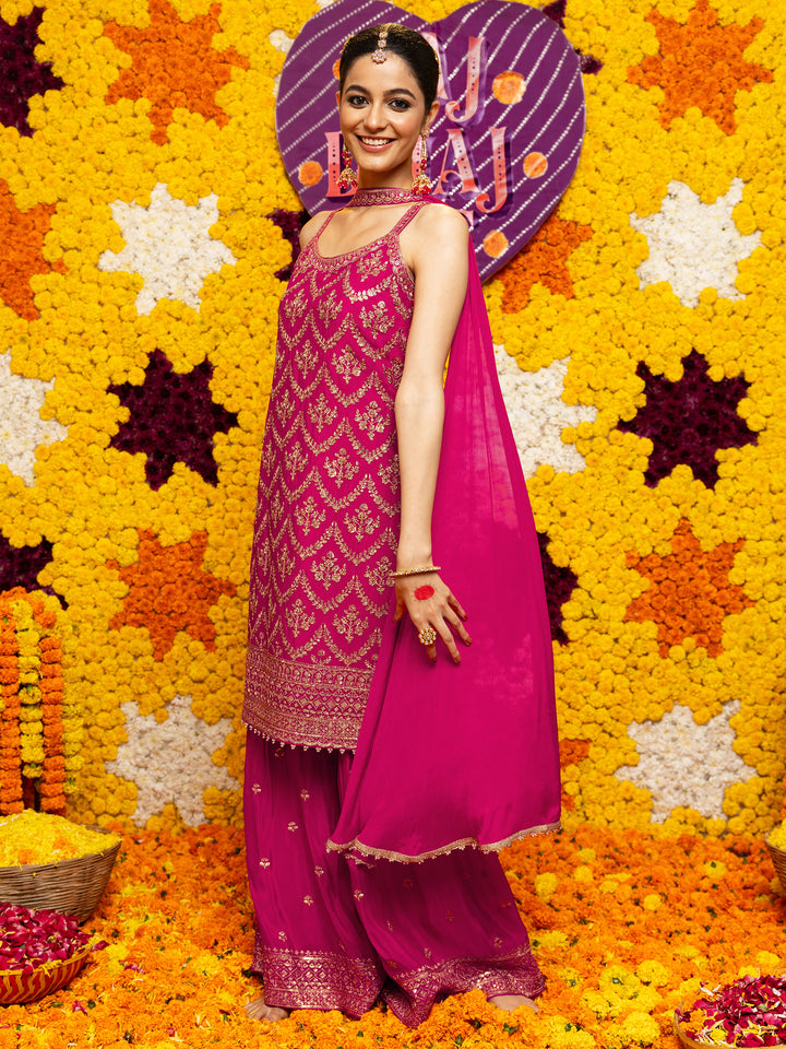 Libas Art Pink Embroidered Chinon Straight Suit Set With Dupatta