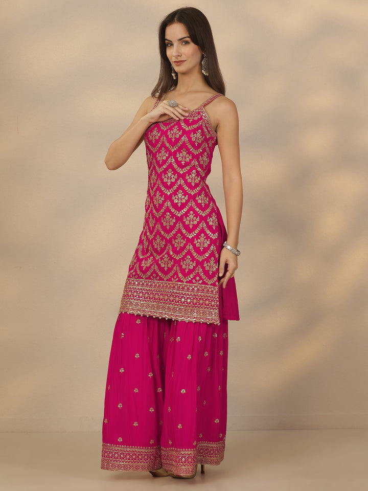Libas Art Pink Embroidered Chinon Straight Suit Set With Dupatta