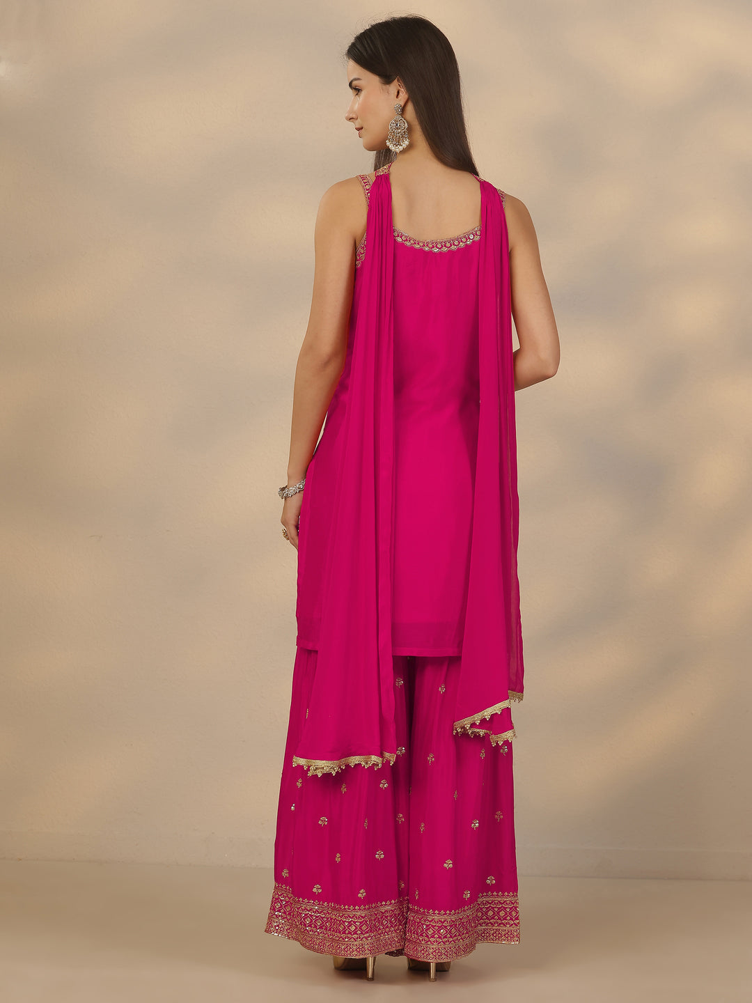 Libas Art Pink Embroidered Chinon Straight Suit Set With Dupatta