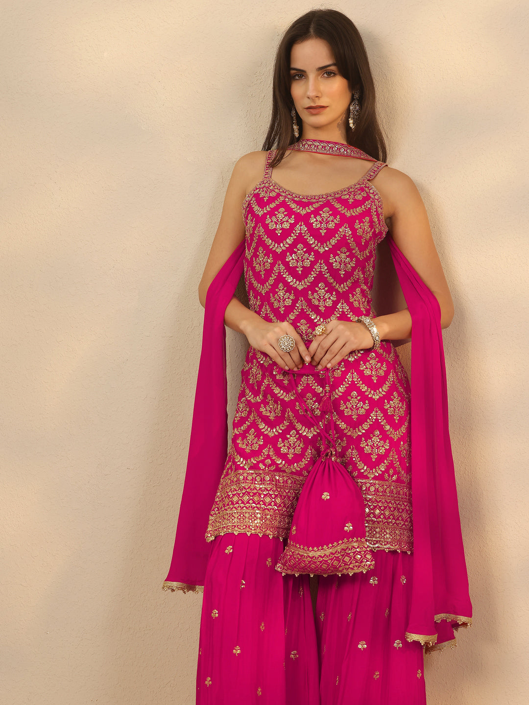 Libas Art Pink Embroidered Chinon Straight Suit Set With Dupatta