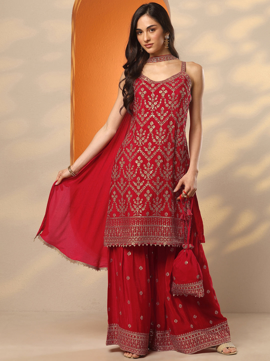Libas Art Red Embroidered Chinon Straight Suit Set With Dupatta