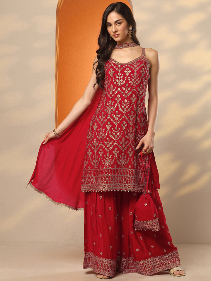 Libas Art Red Embroidered Chinon Straight Suit Set With Dupatta