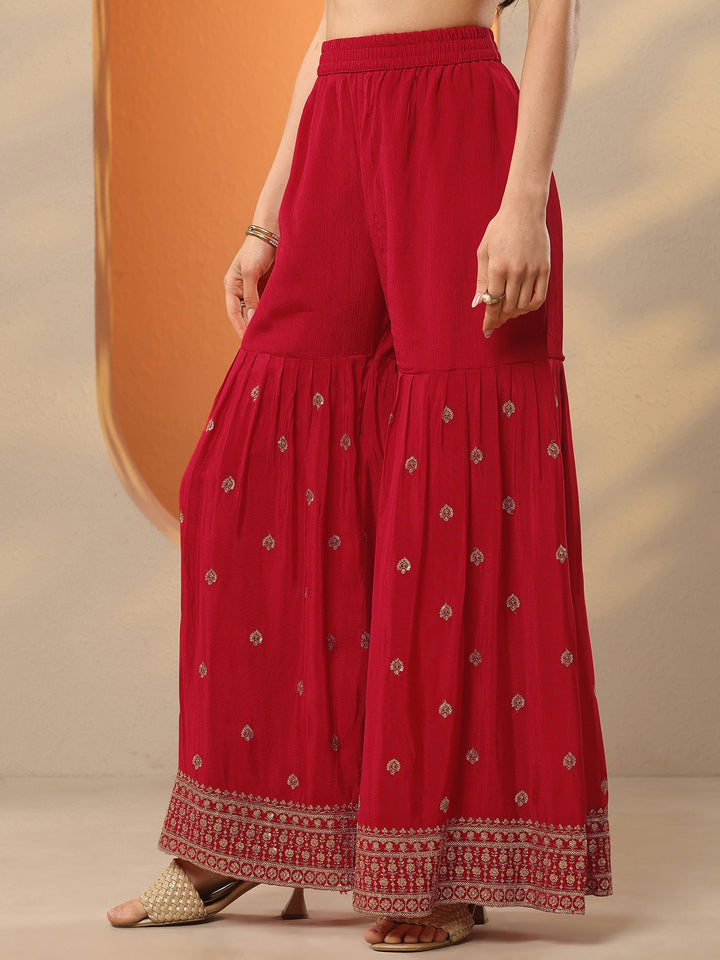 Libas Art Red Embroidered Chinon Straight Suit Set With Dupatta