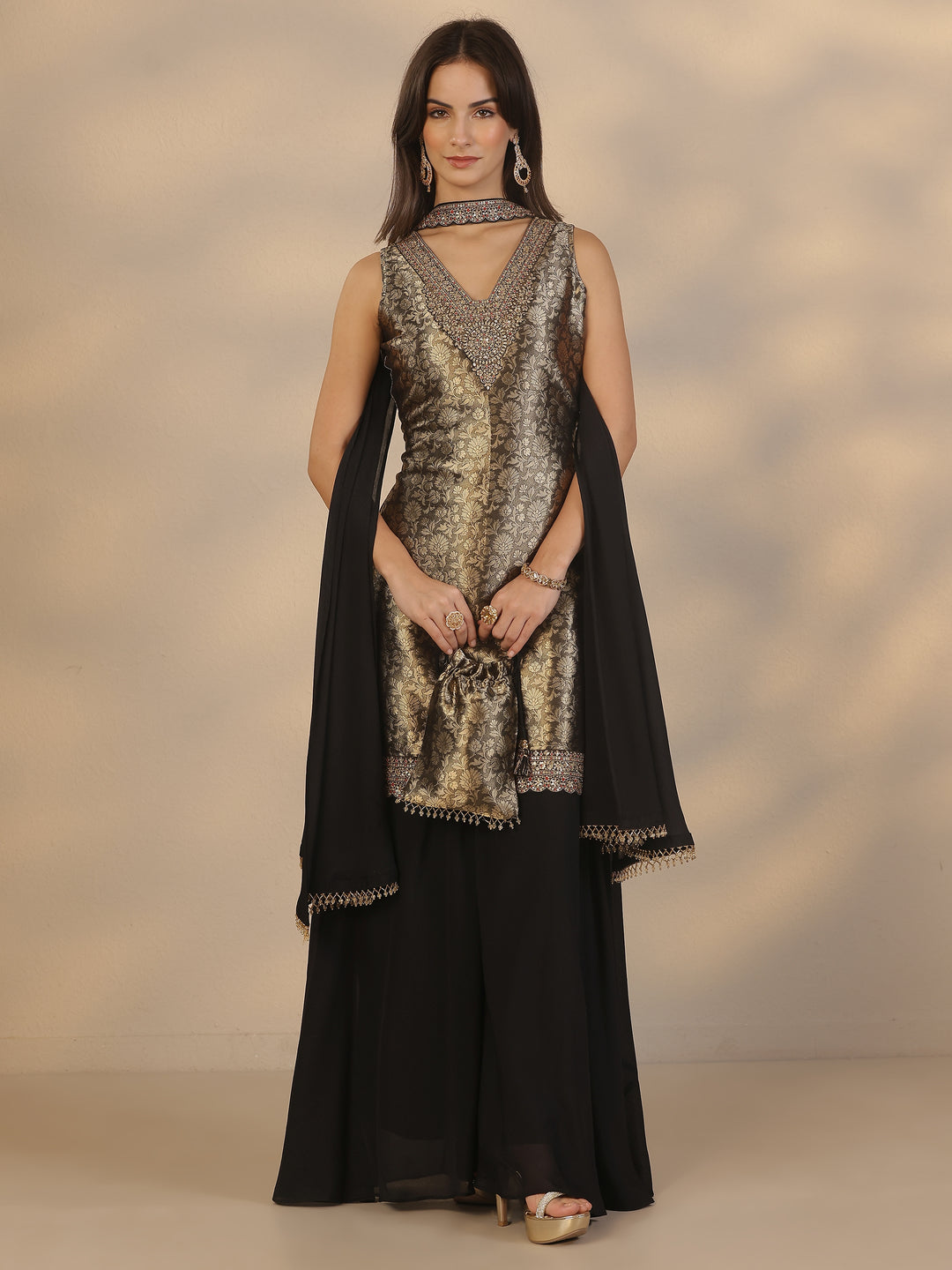 Libas Art Black Embroidered Silk Blend Straight Suit Set With Dupatta
