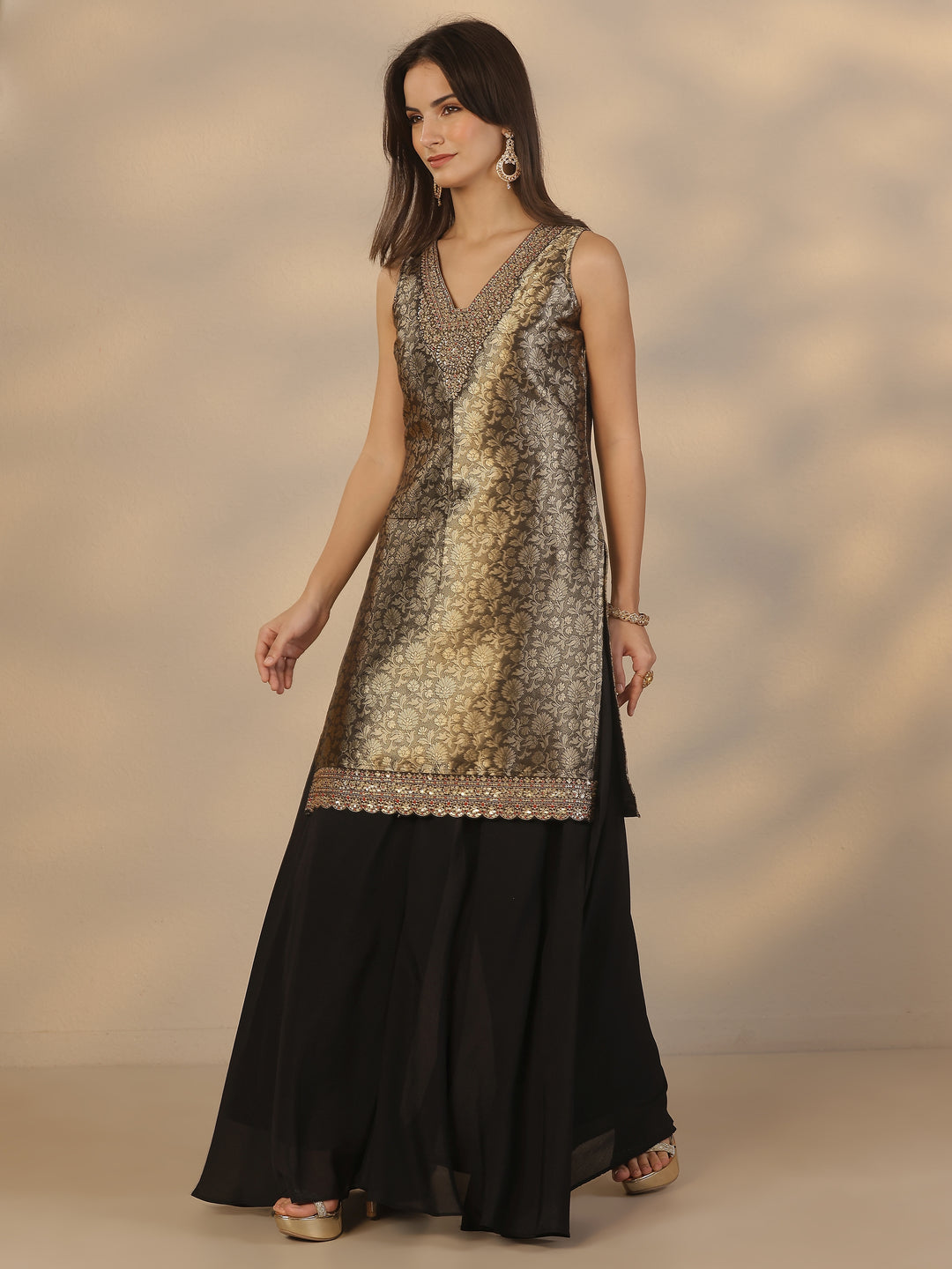 Libas Art Black Embroidered Silk Blend Straight Suit Set With Dupatta