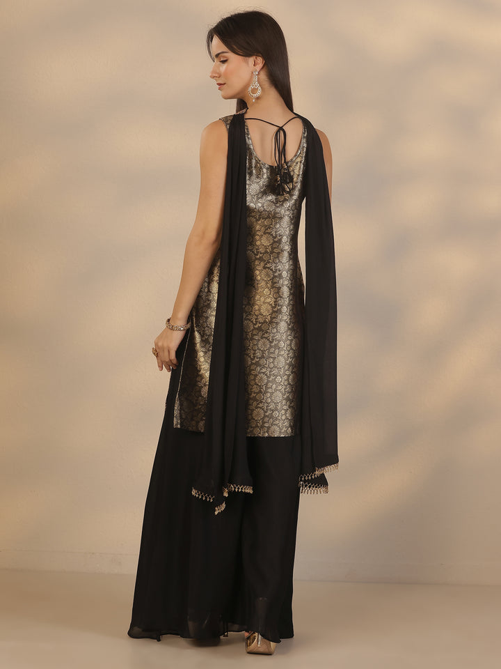 Libas Art Black Embroidered Silk Blend Straight Suit Set With Dupatta