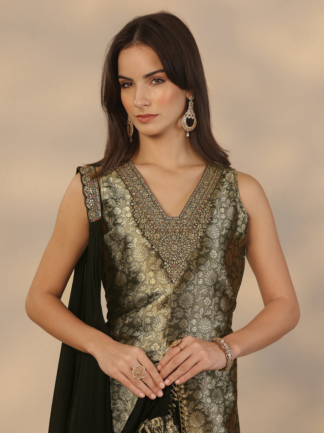 Libas Art Black Embroidered Silk Blend Straight Suit Set With Dupatta