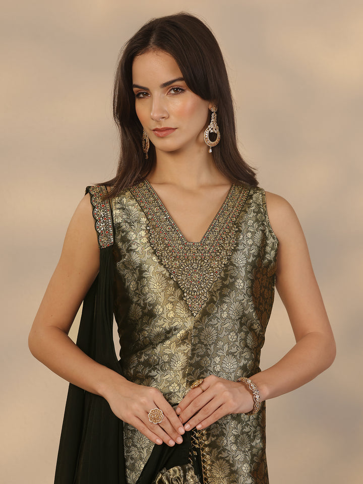 Libas Art Black Embroidered Silk Blend Straight Suit Set With Dupatta