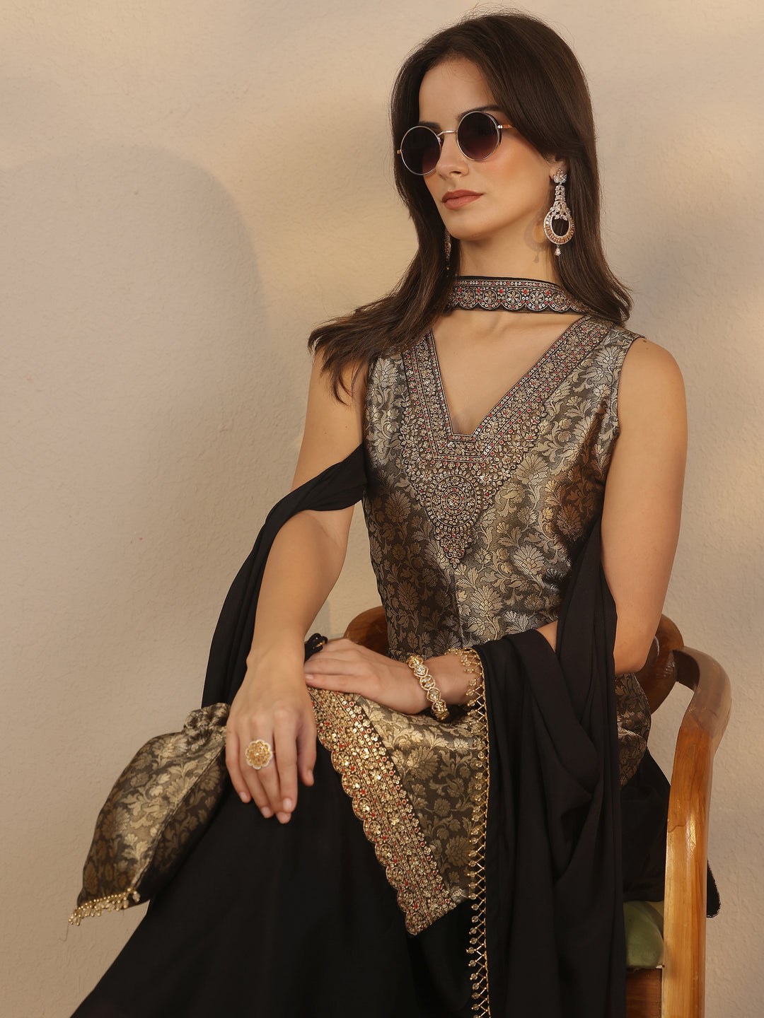 Libas Art Black Embroidered Silk Blend Straight Suit Set With Dupatta