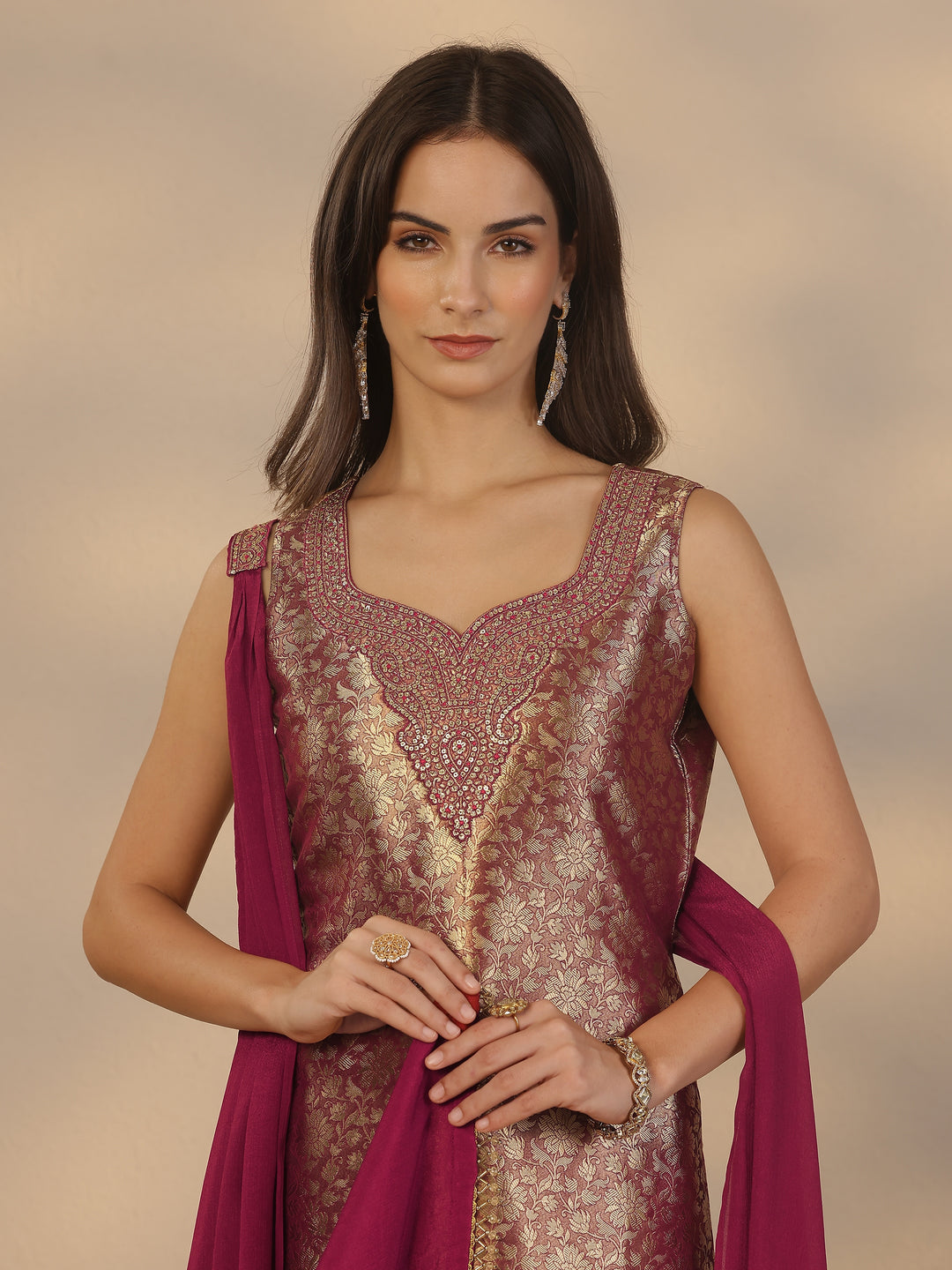 Libas Art Maroon Embroidered Silk Blend Straight Suit Set With Dupatta