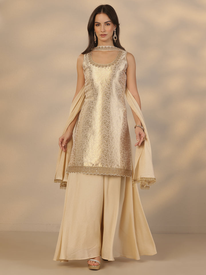 Libas Art Gold Embroidered Silk Blend Straight Suit Set With Dupatta