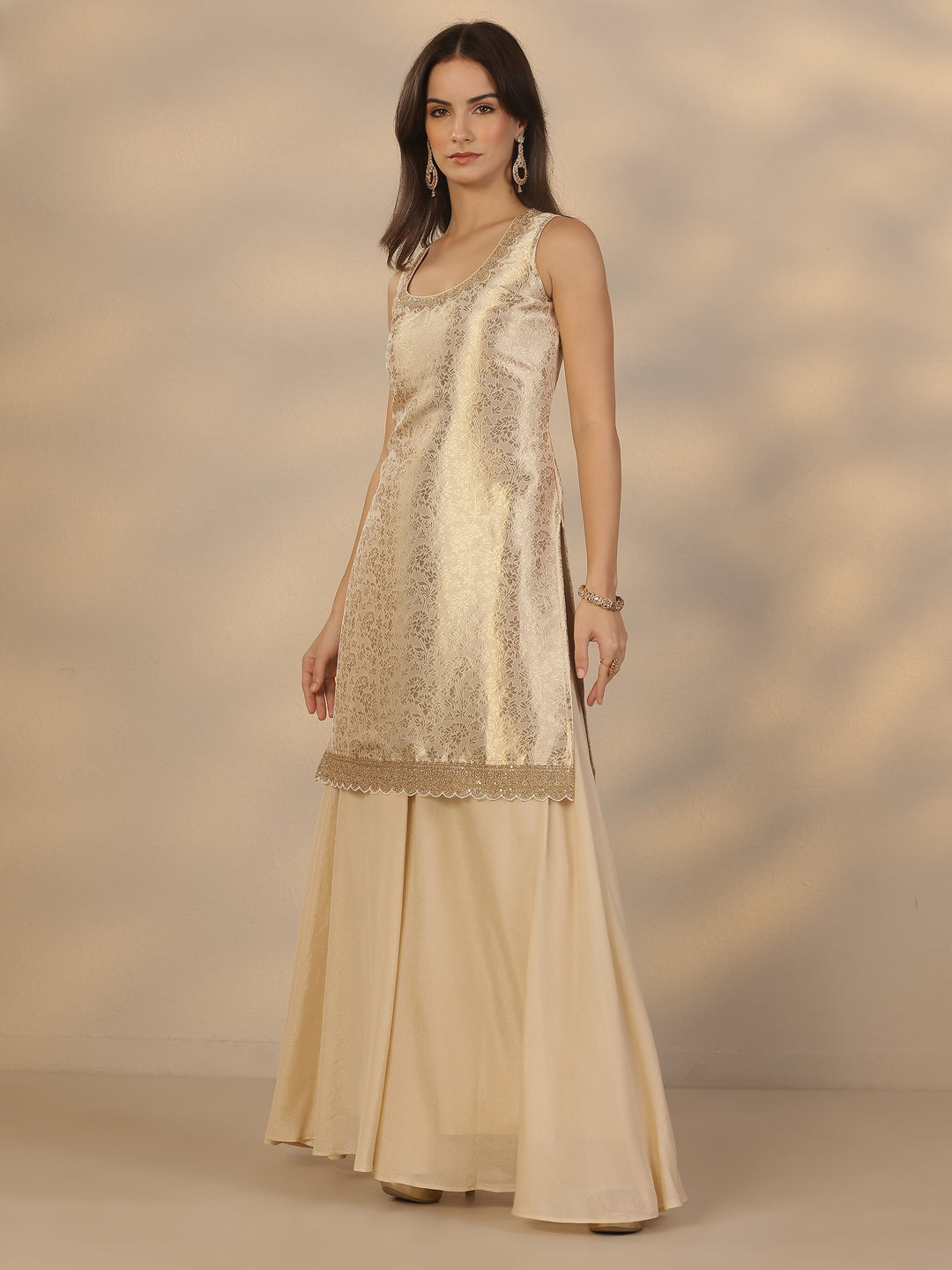 Libas Art Gold Embroidered Silk Blend Straight Suit Set With Dupatta