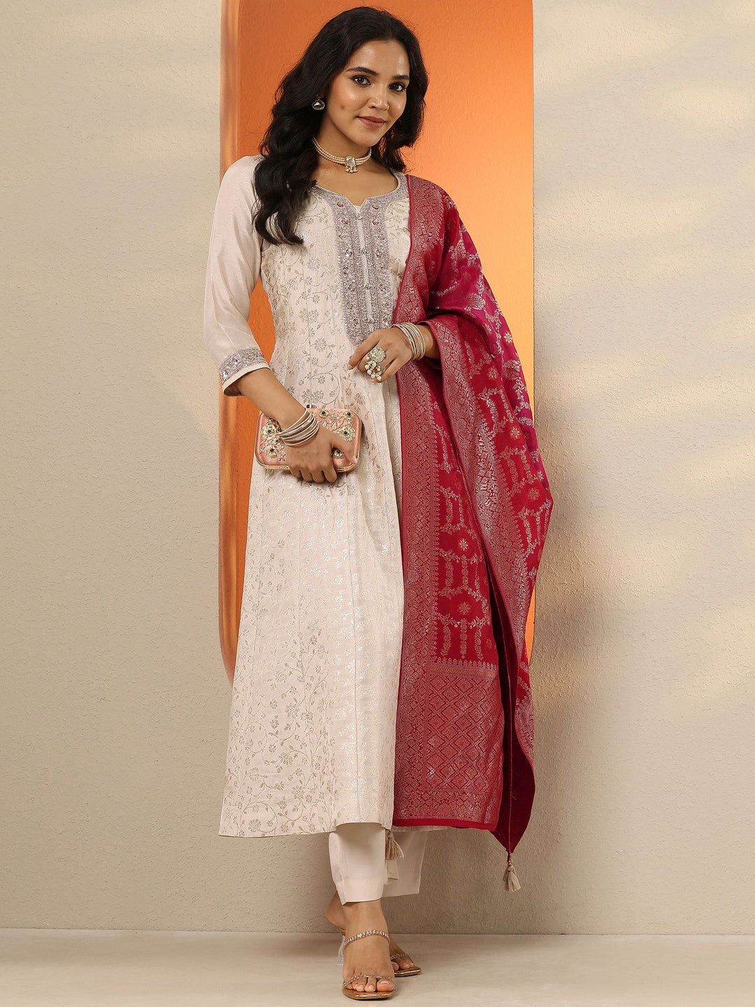Libas Art Off White Woven Design Silk Blend Anarkali Suit Set With Dupatta