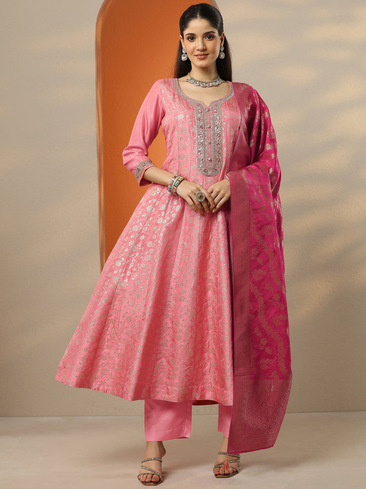 Peach Woven Design Silk Blend Anarkali Suit Set With Dupatta