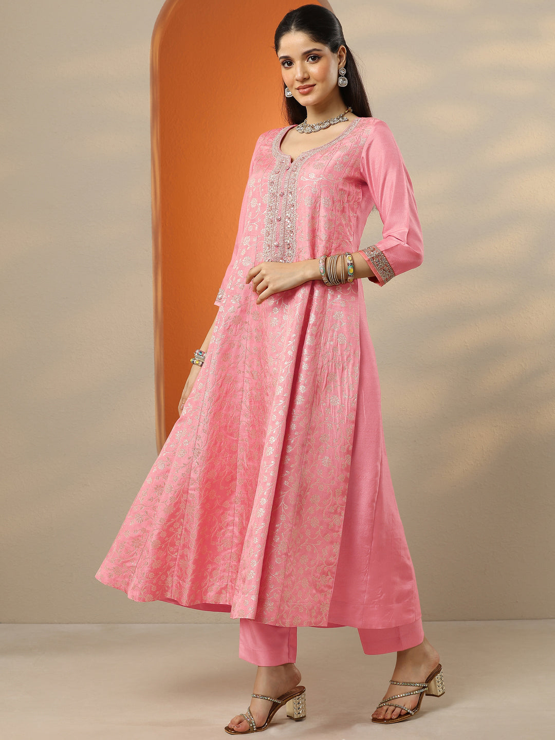 Peach Woven Design Silk Blend Anarkali Suit Set With Dupatta