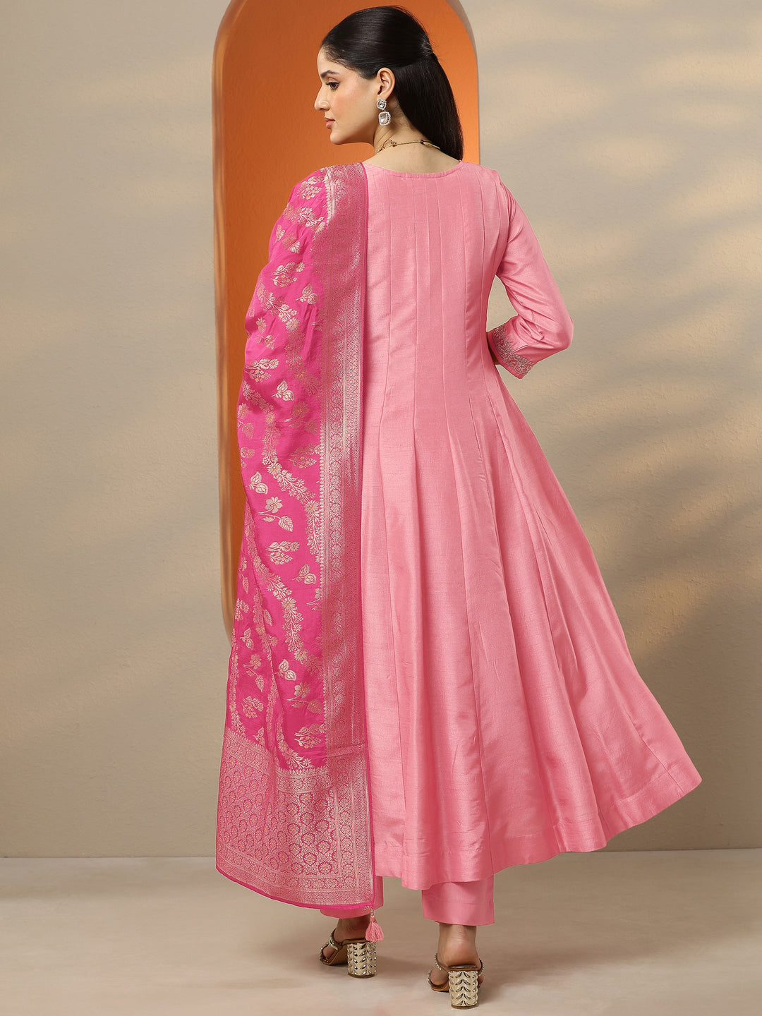 Peach Woven Design Silk Blend Anarkali Suit Set With Dupatta