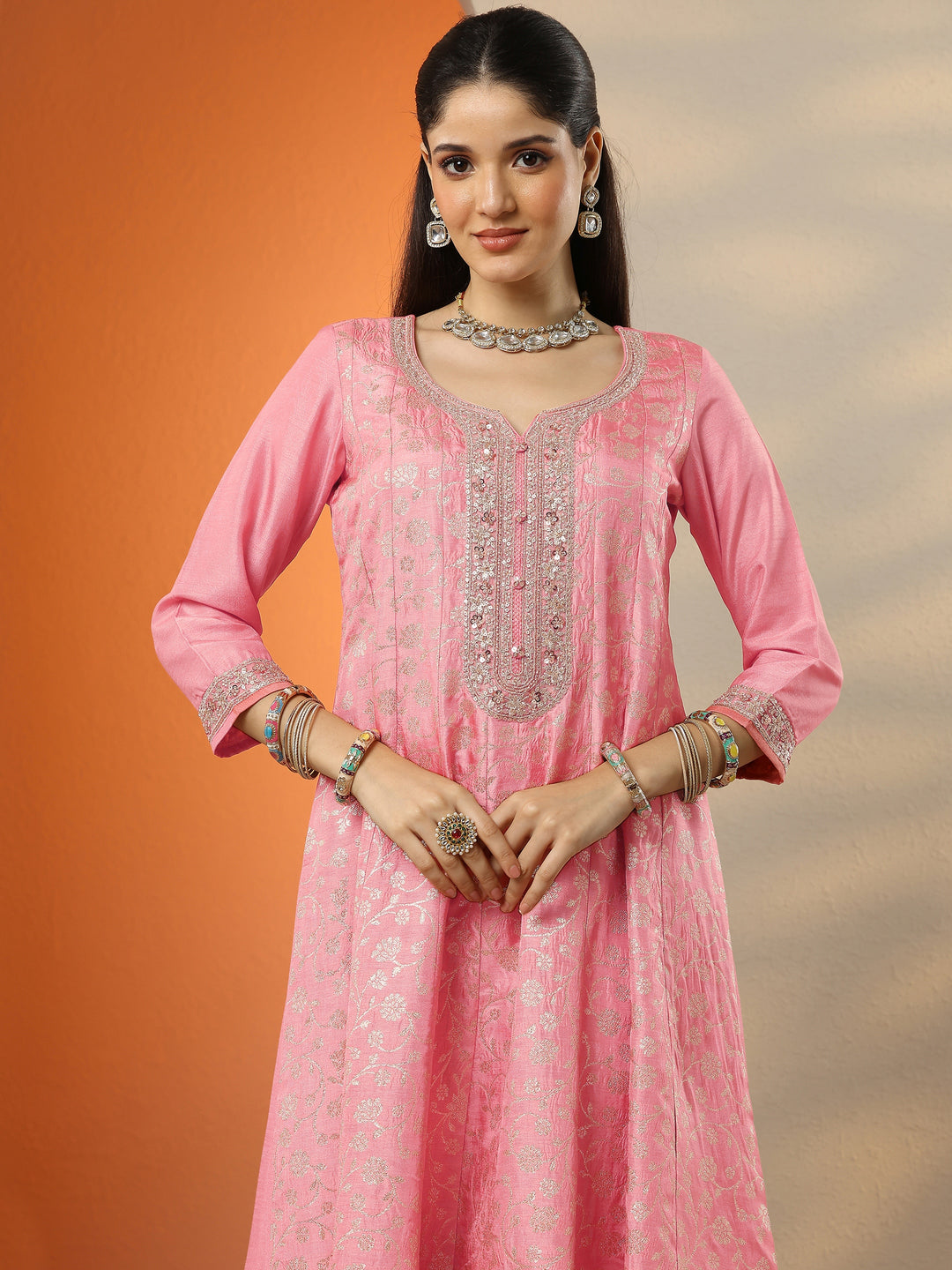 Peach Woven Design Silk Blend Anarkali Suit Set With Dupatta