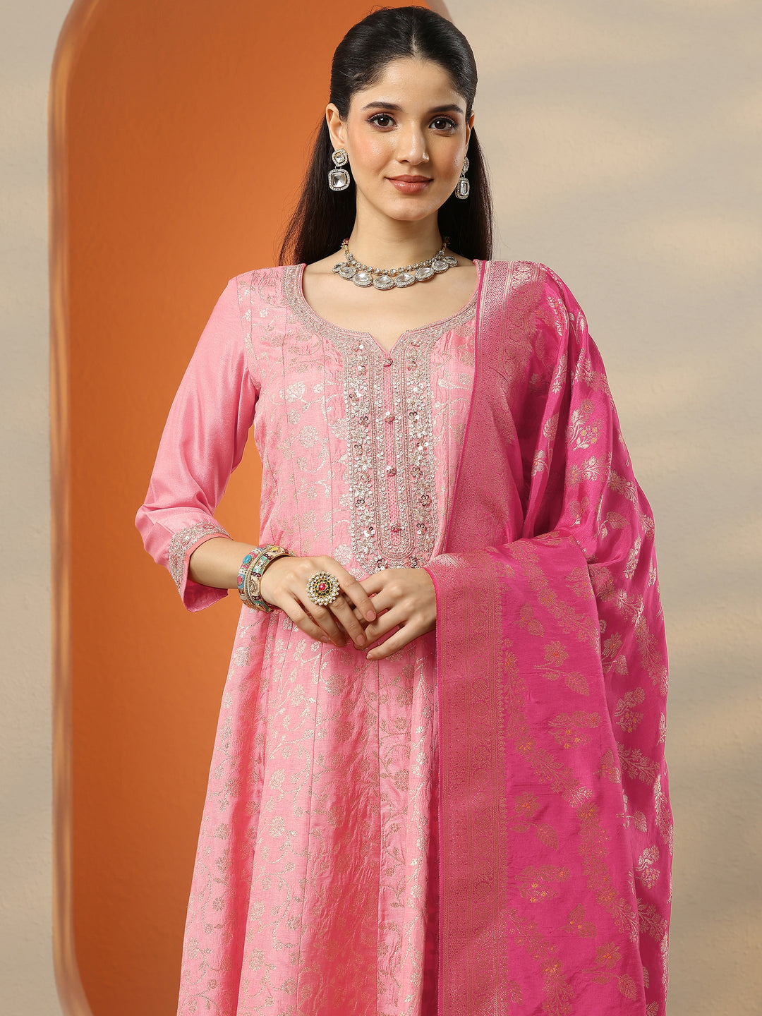 Peach Woven Design Silk Blend Anarkali Suit Set With Dupatta