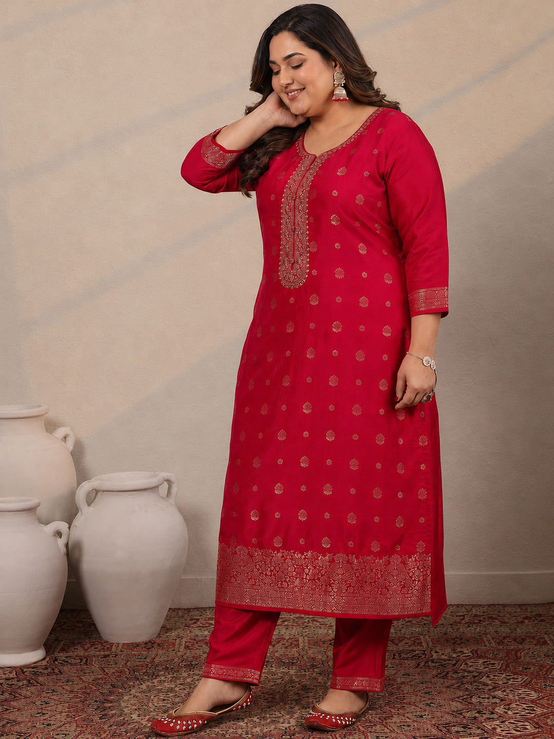 Plus Size Red Woven Design Silk Blend Straight Suit Set With Dupatta