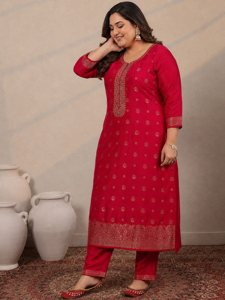 Plus Size Red Woven Design Silk Blend Straight Suit Set With Dupatta