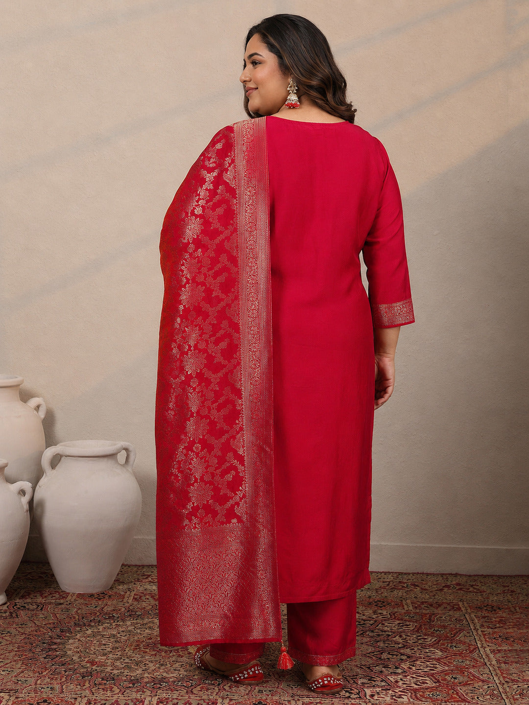 Plus Size Red Woven Design Silk Blend Straight Suit Set With Dupatta
