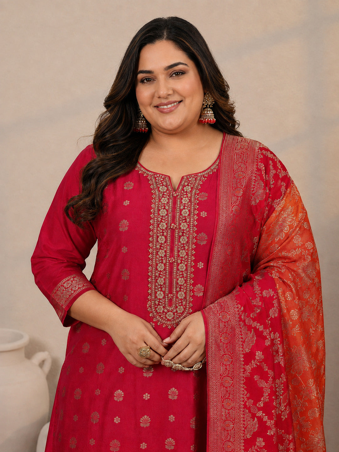 Plus Size Red Woven Design Silk Blend Straight Suit Set With Dupatta