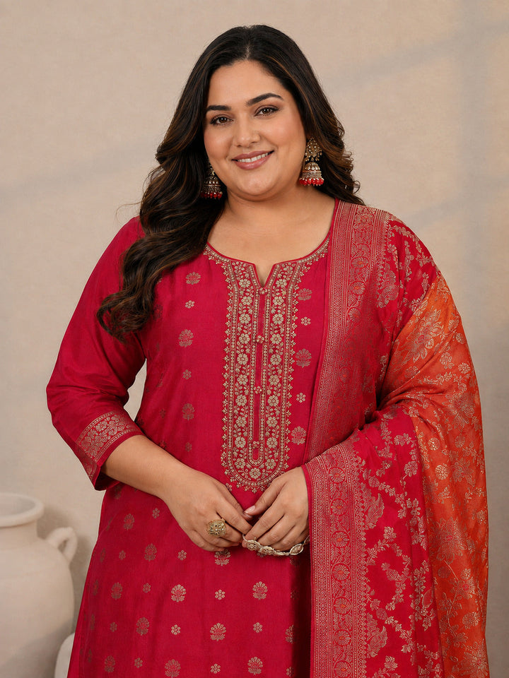 Plus Size Red Woven Design Silk Blend Straight Suit Set With Dupatta