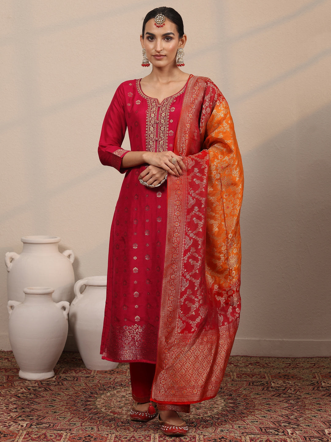 Libas Art Red Woven Design Silk Blend Straight Suit Set With Dupatta