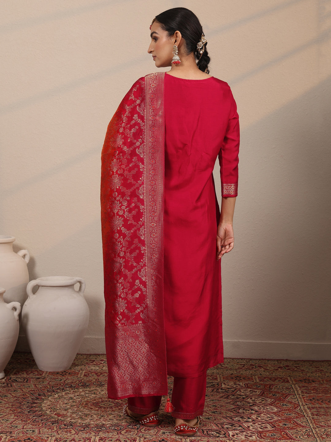 Libas Art Red Woven Design Silk Blend Straight Suit Set With Dupatta