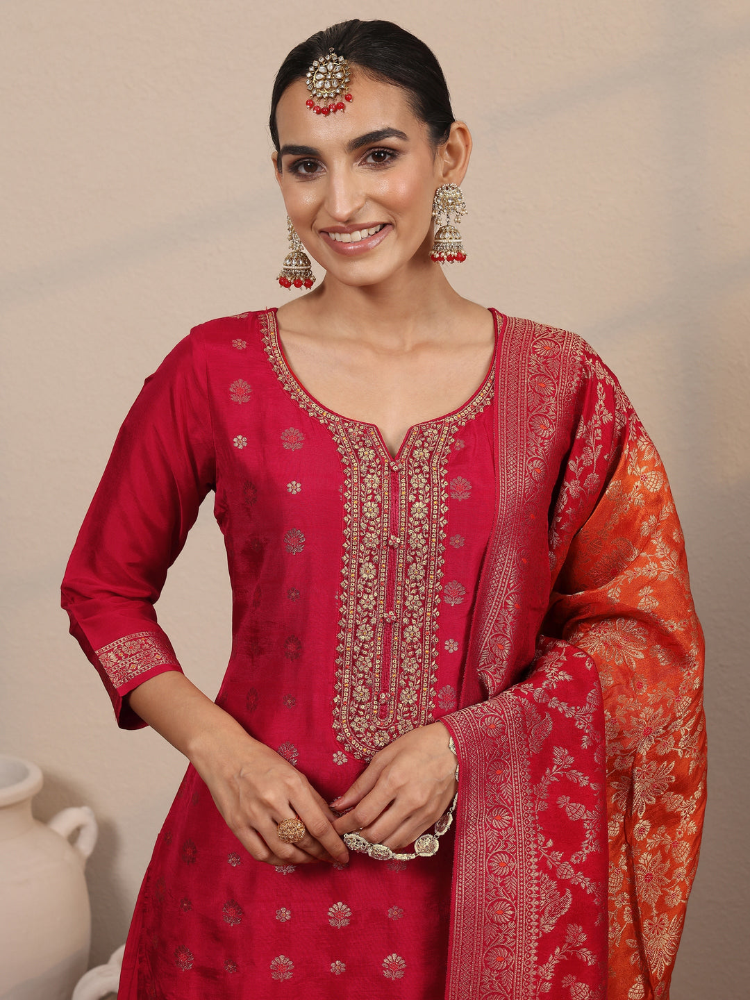 Libas Art Red Woven Design Silk Blend Straight Suit Set With Dupatta