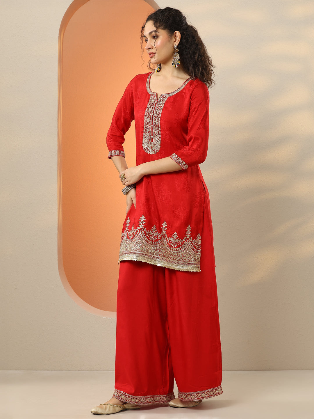 Libas Art Red Embroidered Silk Blend Straight Suit Set With Dupatta