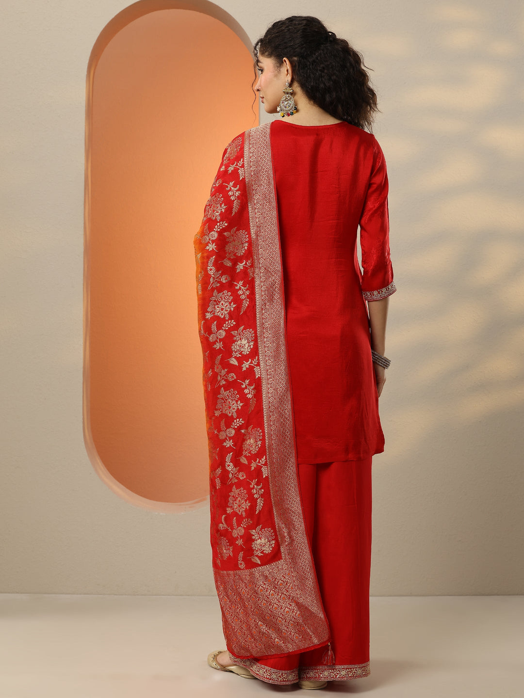 Libas Art Red Embroidered Silk Blend Straight Suit Set With Dupatta
