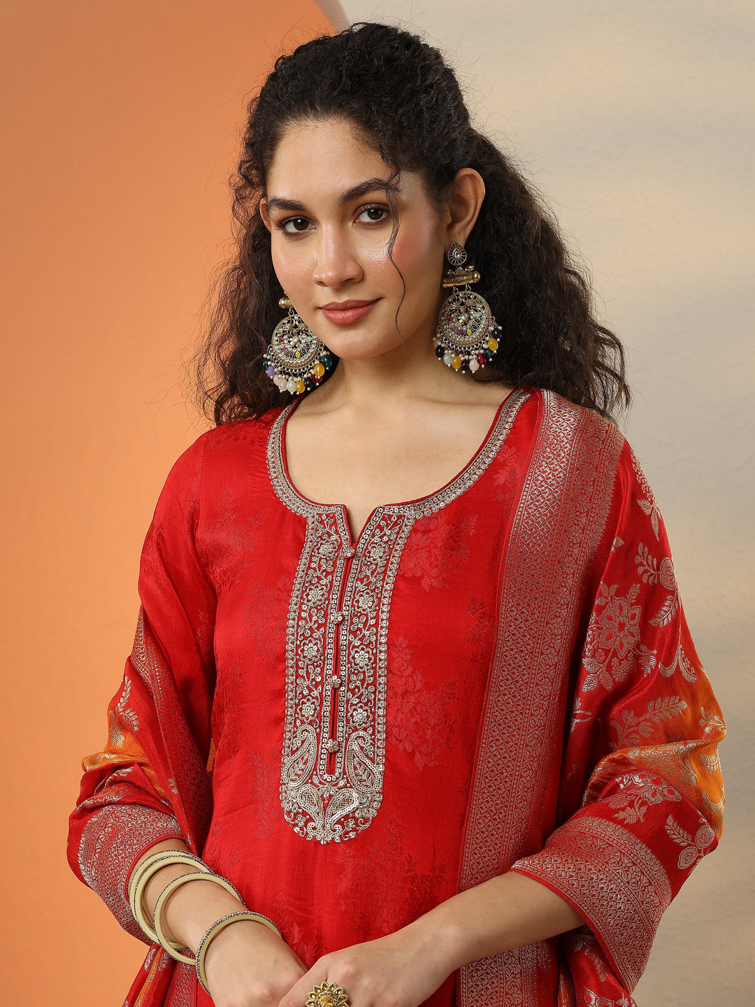Libas Art Red Embroidered Silk Blend Straight Suit Set With Dupatta