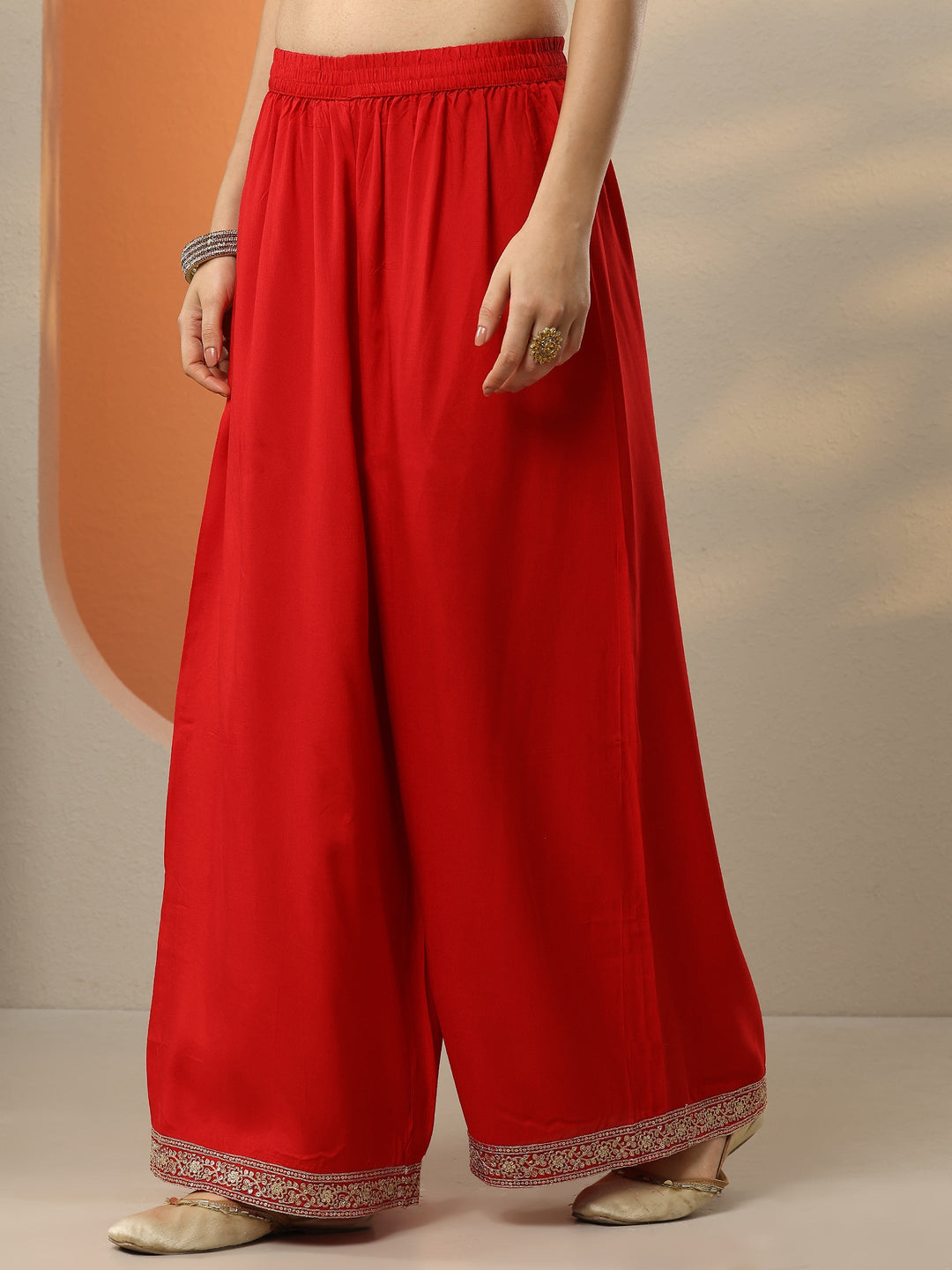 Libas Art Red Embroidered Silk Blend Straight Suit Set With Dupatta
