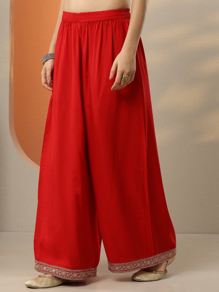 Libas Art Red Embroidered Silk Blend Straight Suit Set With Dupatta