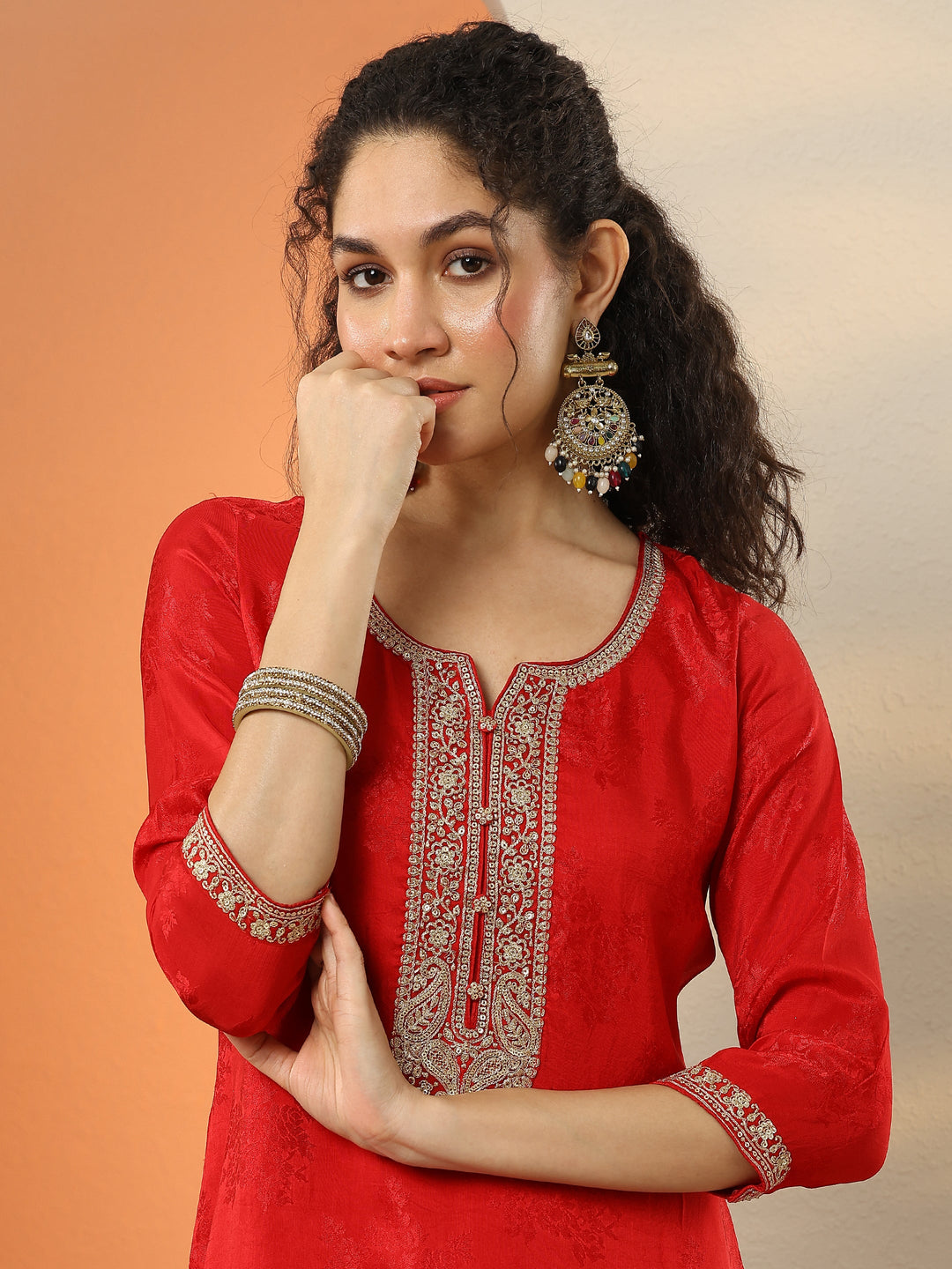 Libas Art Red Embroidered Silk Blend Straight Suit Set With Dupatta