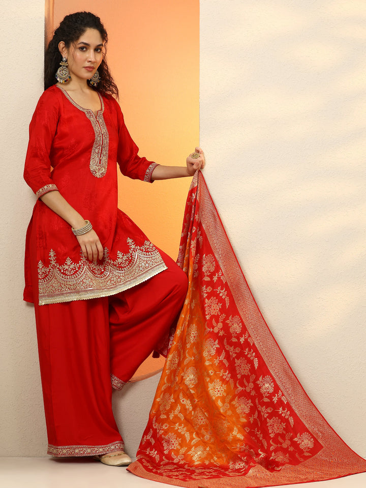 Libas Art Red Embroidered Silk Blend Straight Suit Set With Dupatta