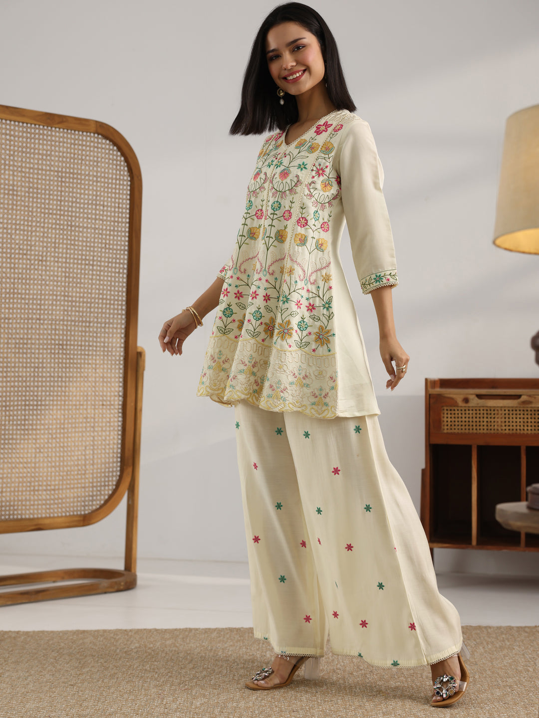 Off White Embroidered Silk Blend Co-Ord Sets