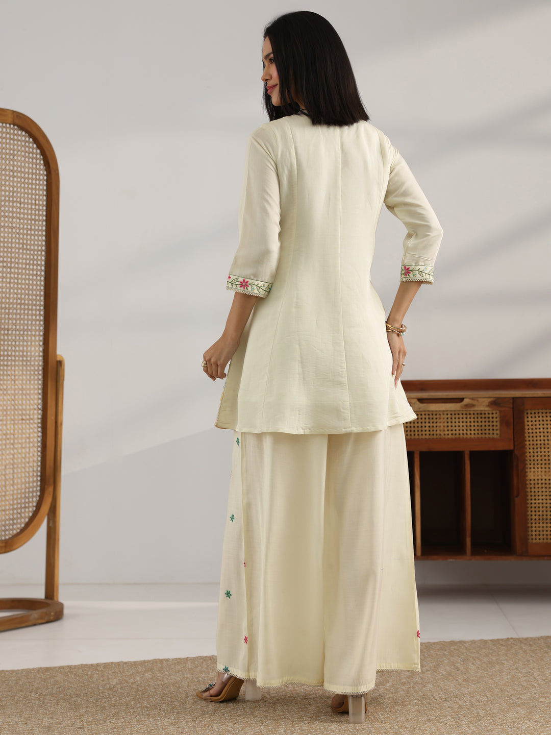 Off White Embroidered Silk Blend Co-Ord Sets