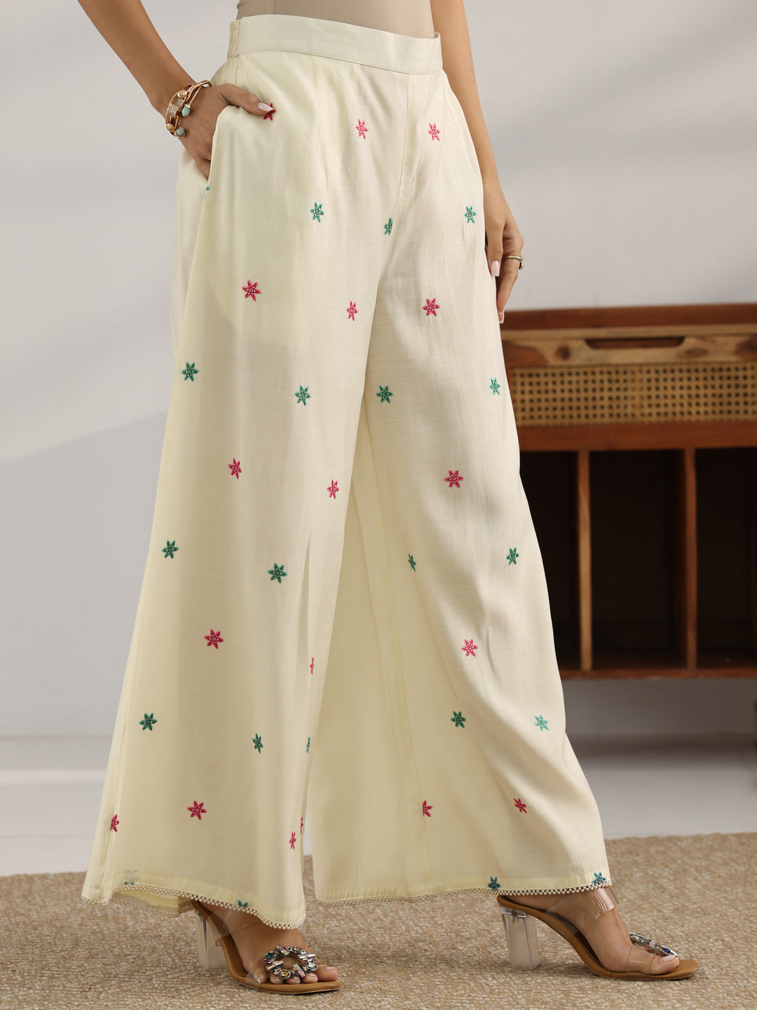 Off White Embroidered Silk Blend Co-Ord Sets