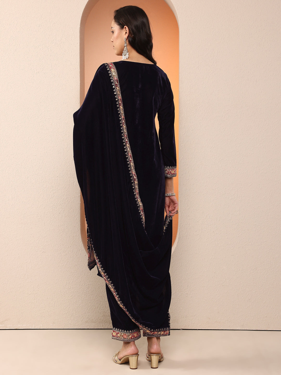 Libas Art Navy blue Embroidered Velvet Straight Suit Set With Dupatta