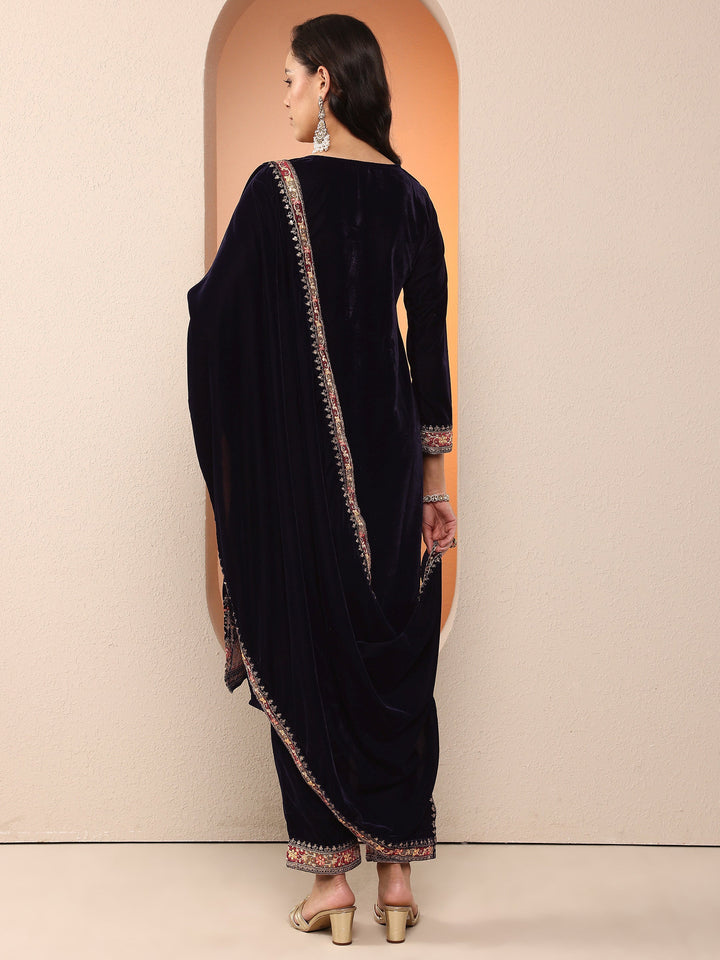 Libas Art Navy blue Embroidered Velvet Straight Suit Set With Dupatta
