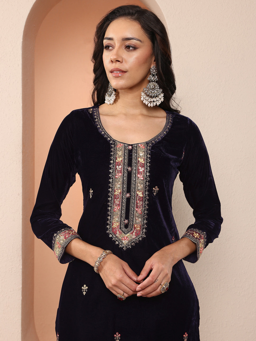 Libas Art Navy blue Embroidered Velvet Straight Suit Set With Dupatta