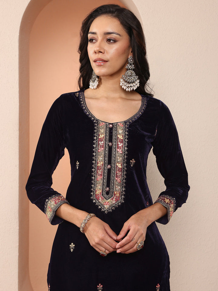 Libas Art Navy blue Embroidered Velvet Straight Suit Set With Dupatta